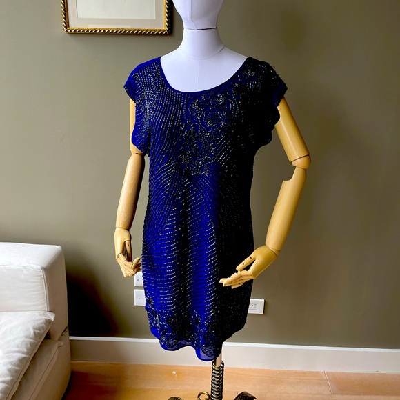 Blue silk beaded evening gown - Picture 1 of 6